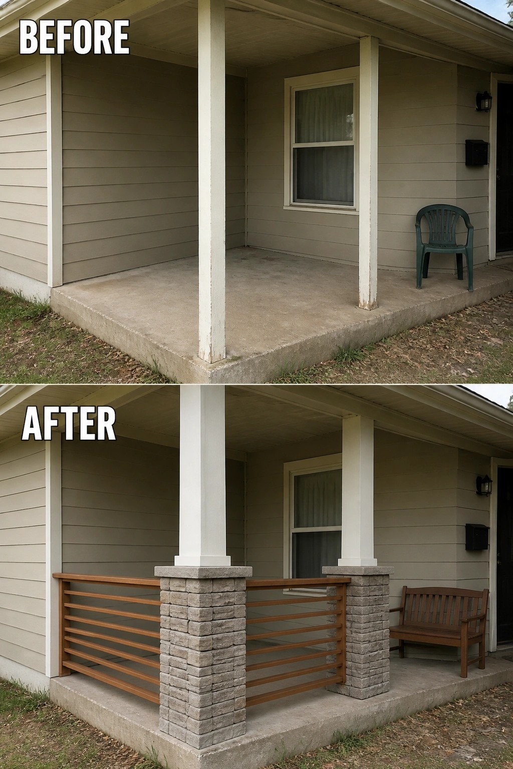Before-and-after image of a plain concrete porch updated with wooden railings set on stone pillars and a wooden bench.