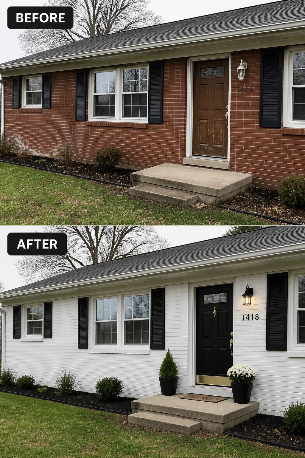 Before and after of brick house painted white with updated black door and plants.