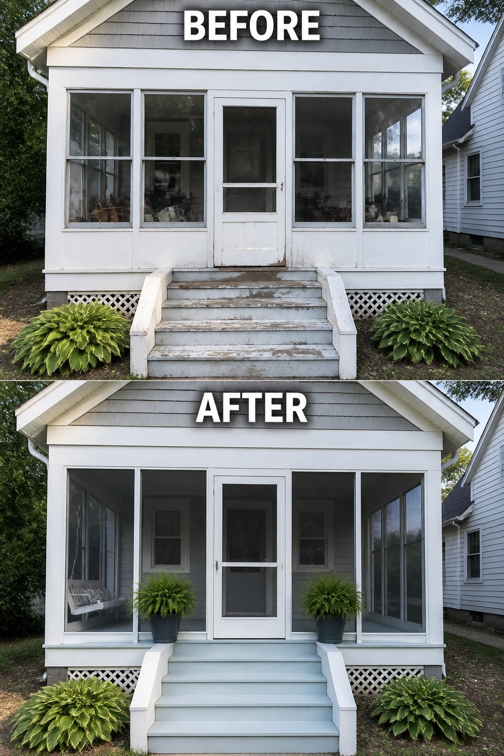 Before and after of a renovated white screened porch with blue steps and plants.