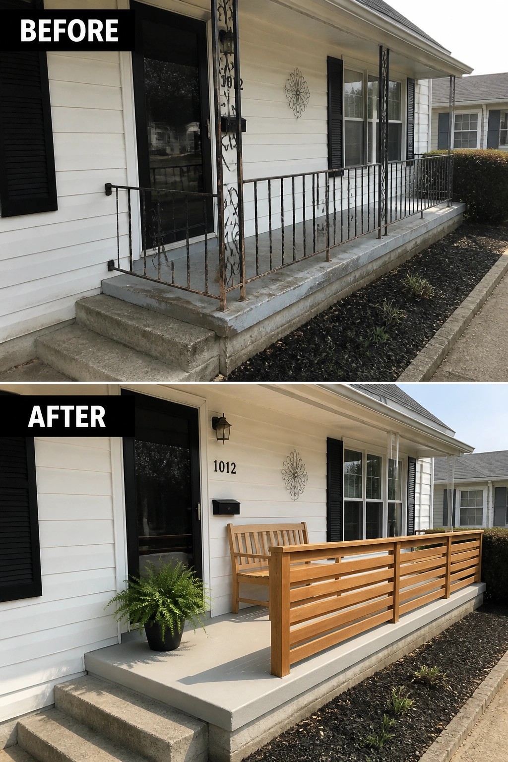 Before and after porch update: rusty railings replaced with wooden fence, bench, and plant.