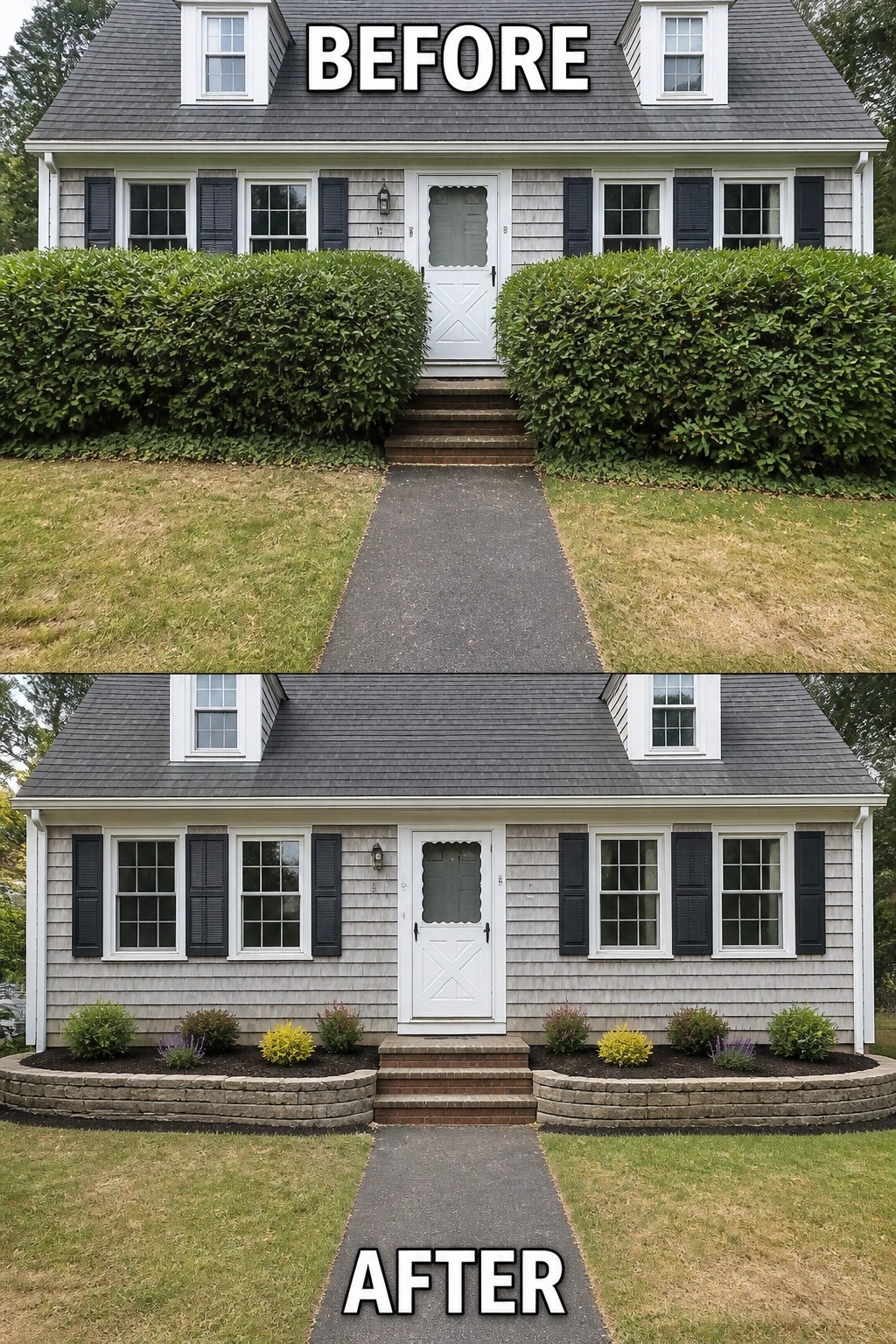 Before and after of house with tall hedges replaced by curved garden beds.