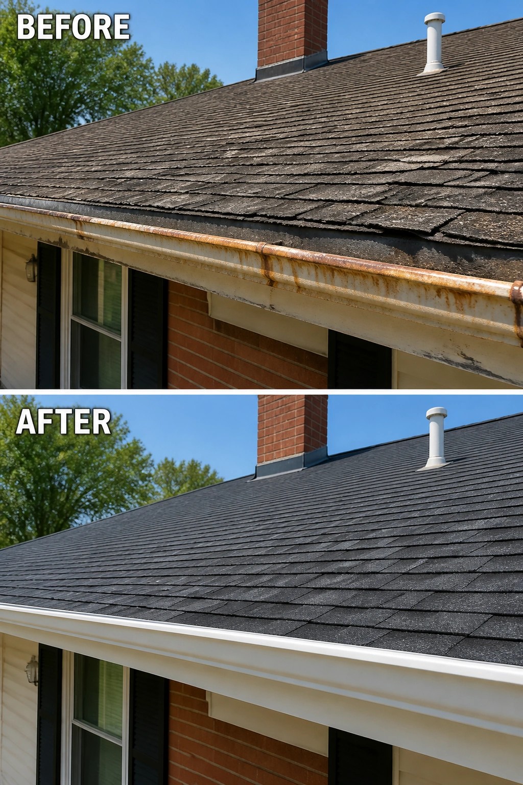 Before-and-after image of a house roofline showing rusty gutters and trim replaced with clean white gutters and refreshed edging.