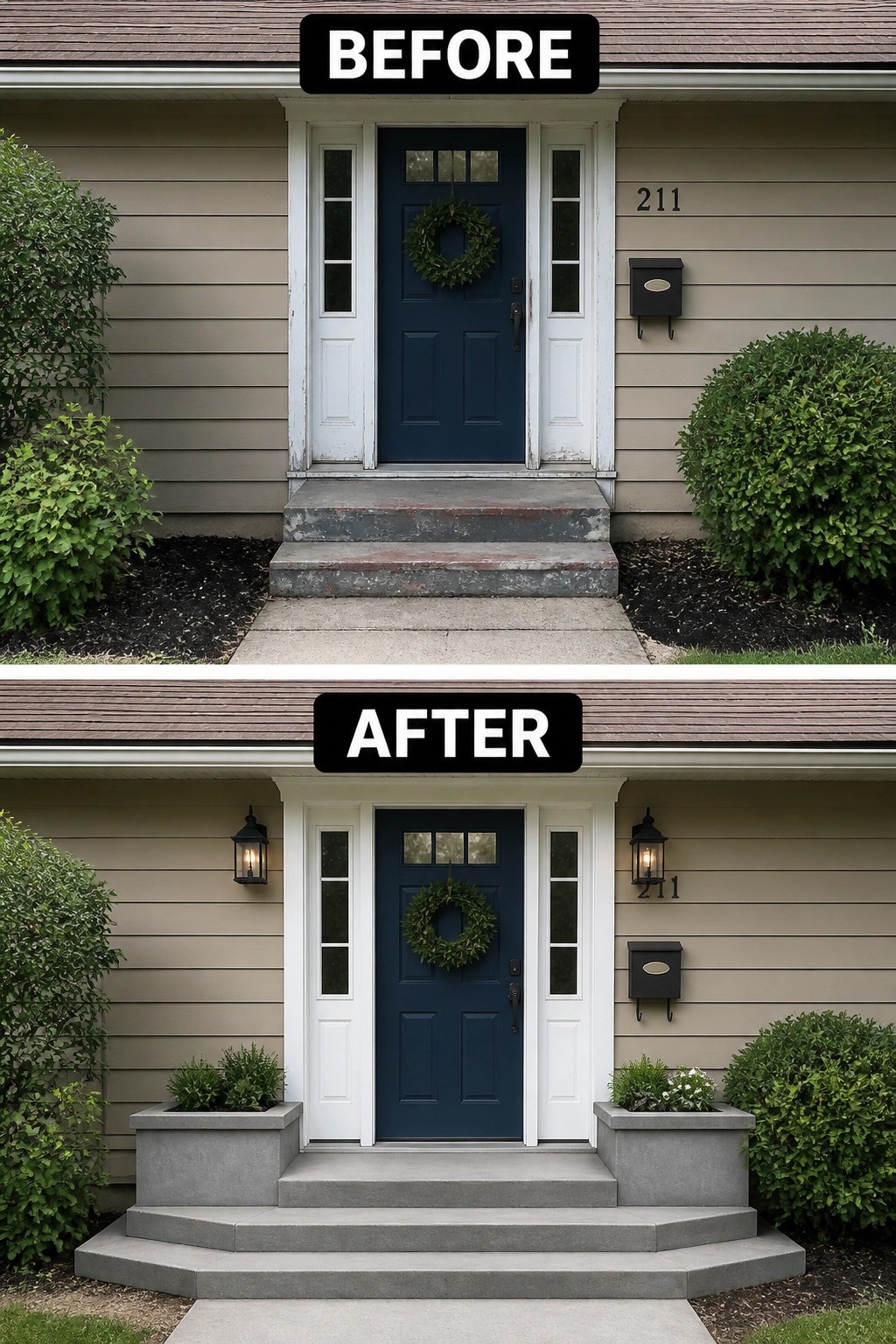 Before and after of beige house entrance with blue door, wreath, and planters.