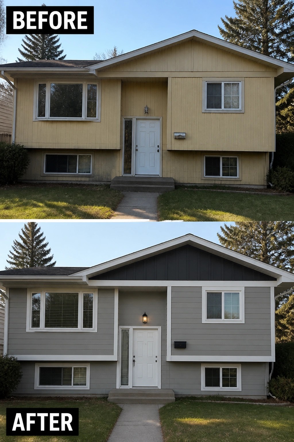 Before-and-after image of a suburban house exterior changed from yellow siding to gray siding with a dark gable and new white trim.