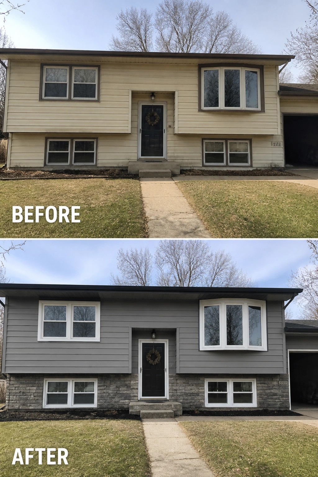 Before-and-after image of a two-story suburban home showing beige siding changed to gray with a stone veneer base added along the bottom.