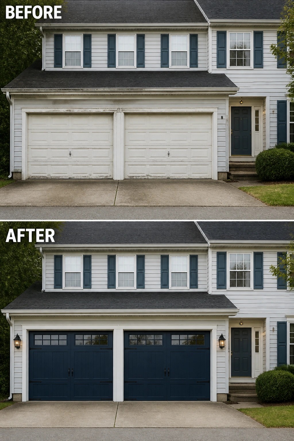 Before and after of house with white garage doors replaced by dark blue ones.