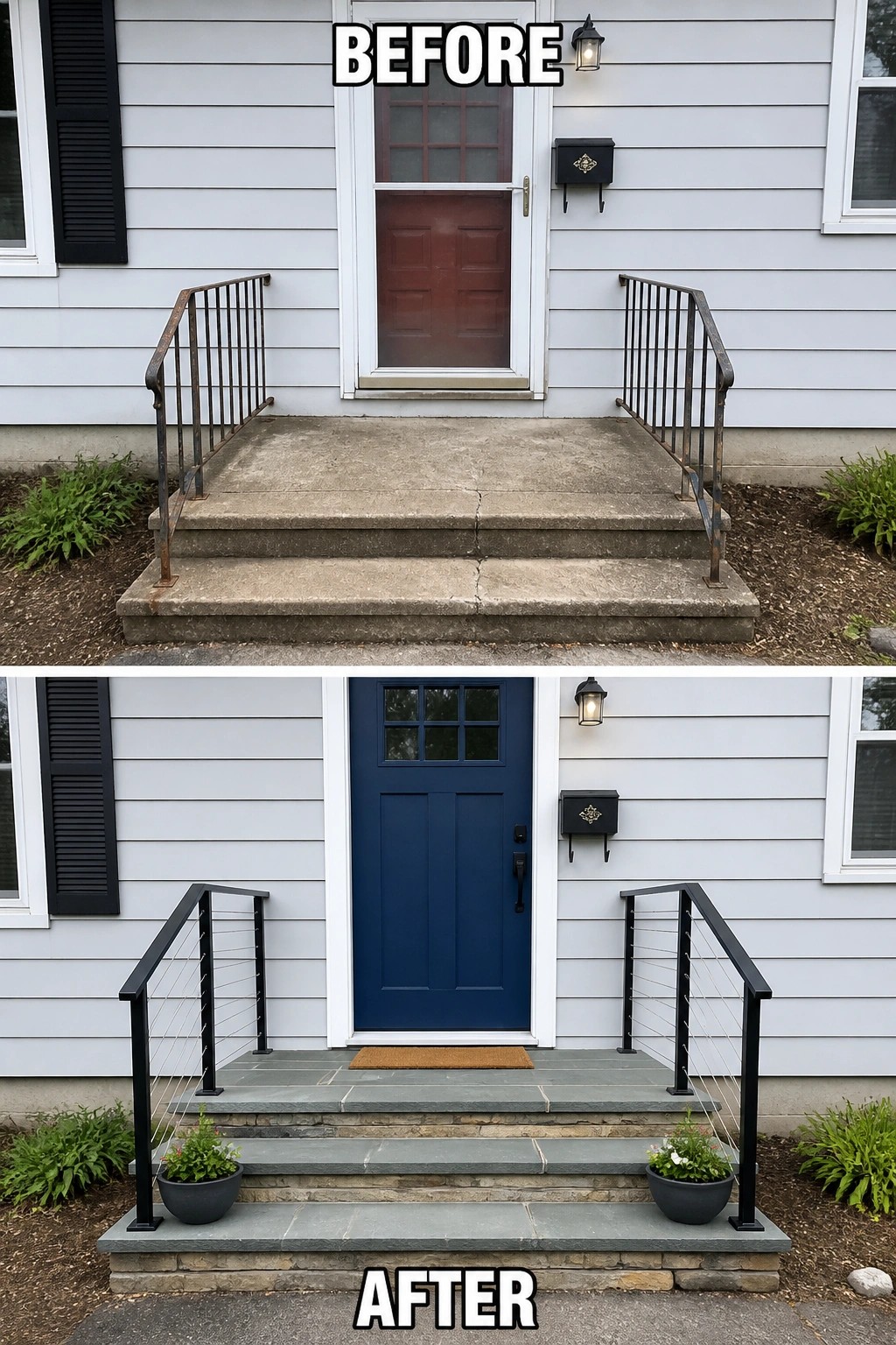 Before and after porch renovation with new blue door, steps and black railings
