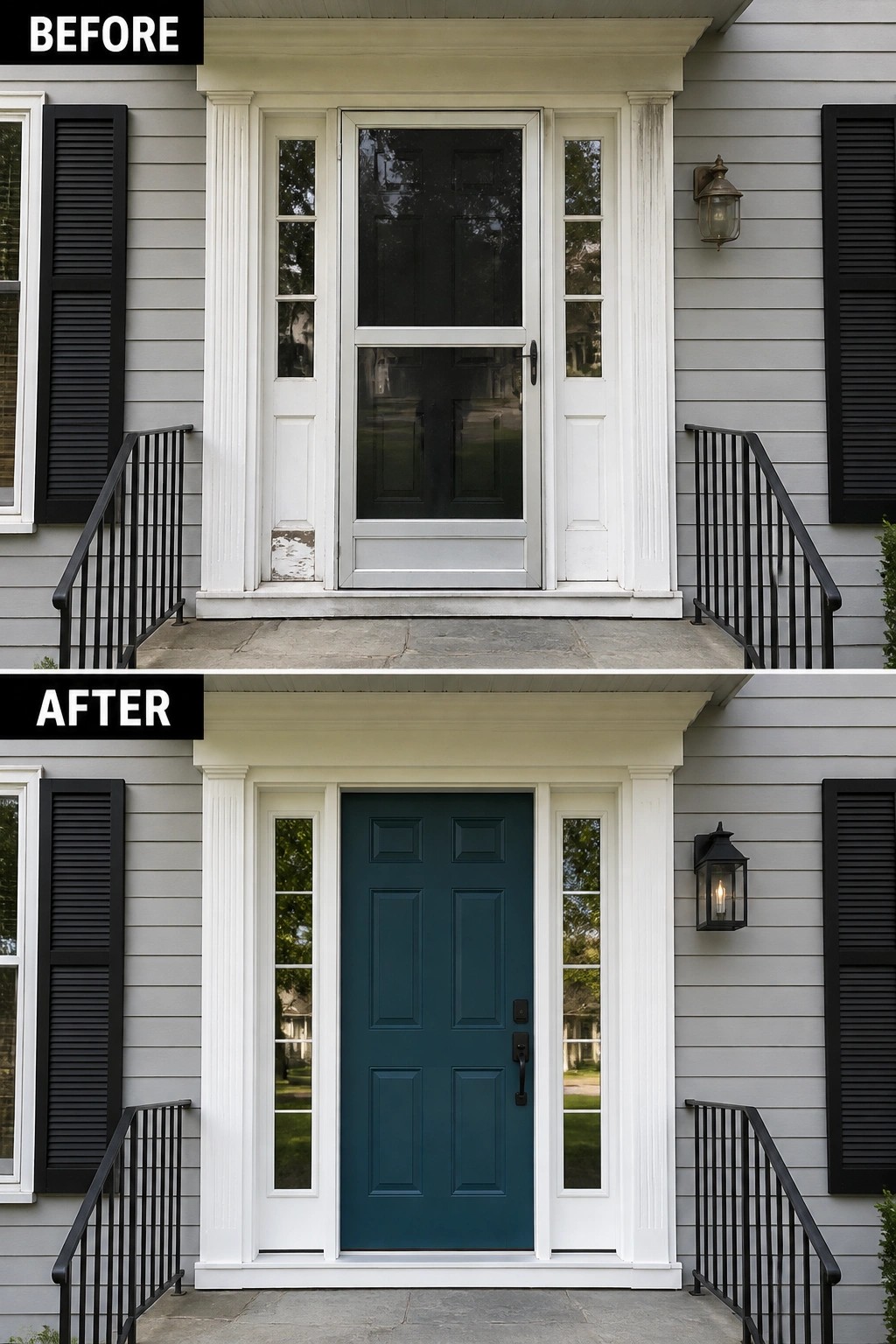 Before-and-after image of a house front entry with the door color changed from black to deep teal and the screen door removed.