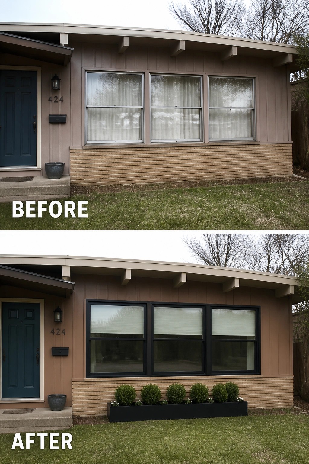 Before-and-after image of a house exterior with new black window frames and a long foundation planter box added along the base.