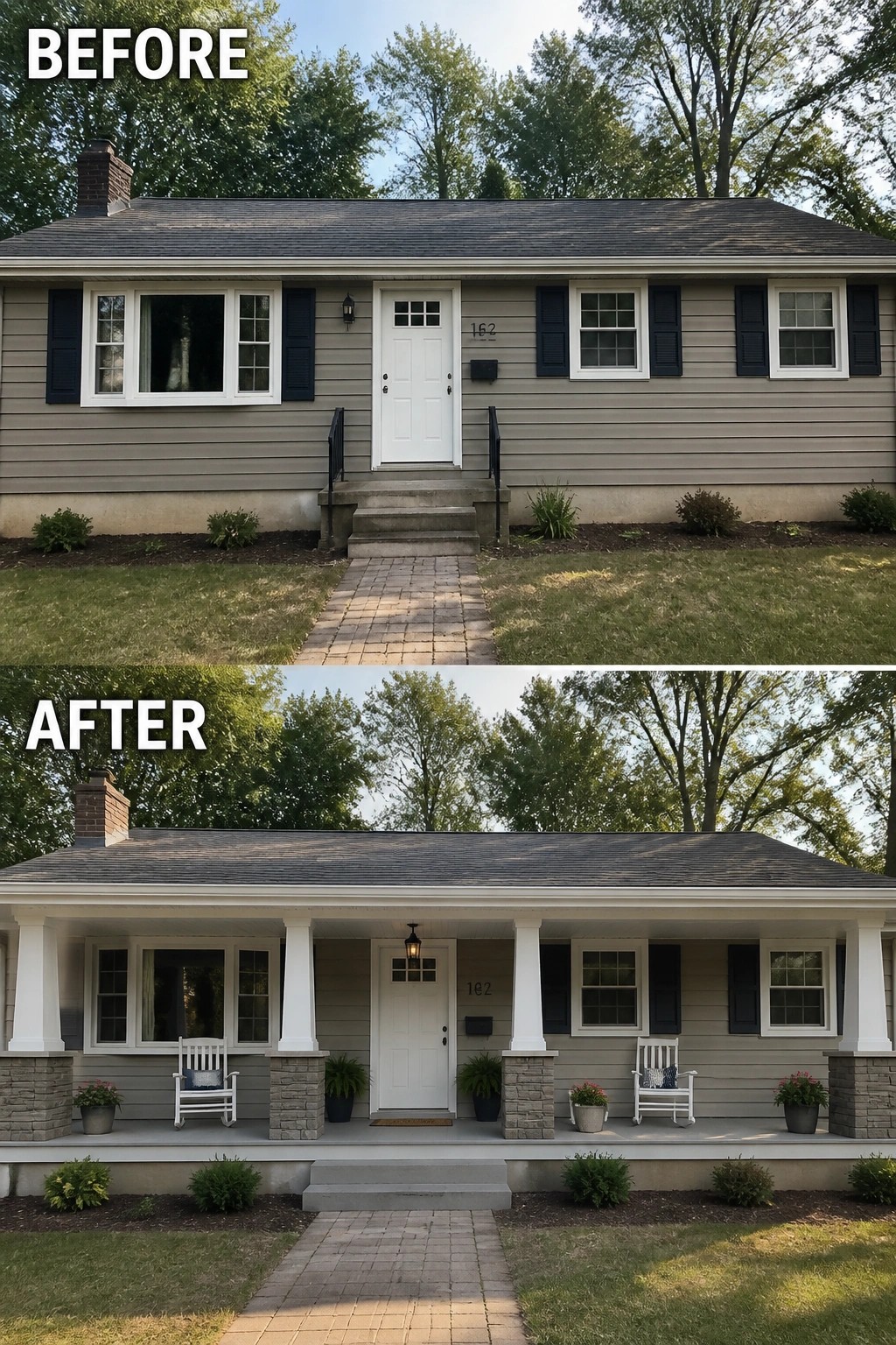 Before and after of gray house with new white-columned front porch.
