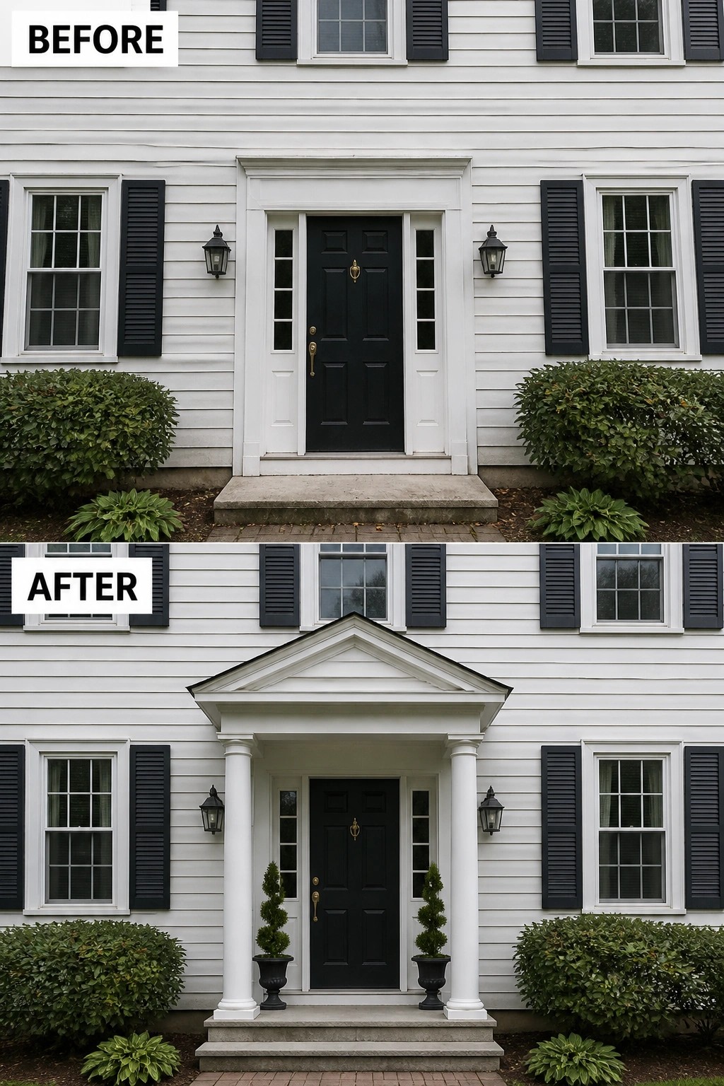 Before-and-after image of a house front entrance updated with a new white portico featuring columns and a pediment.