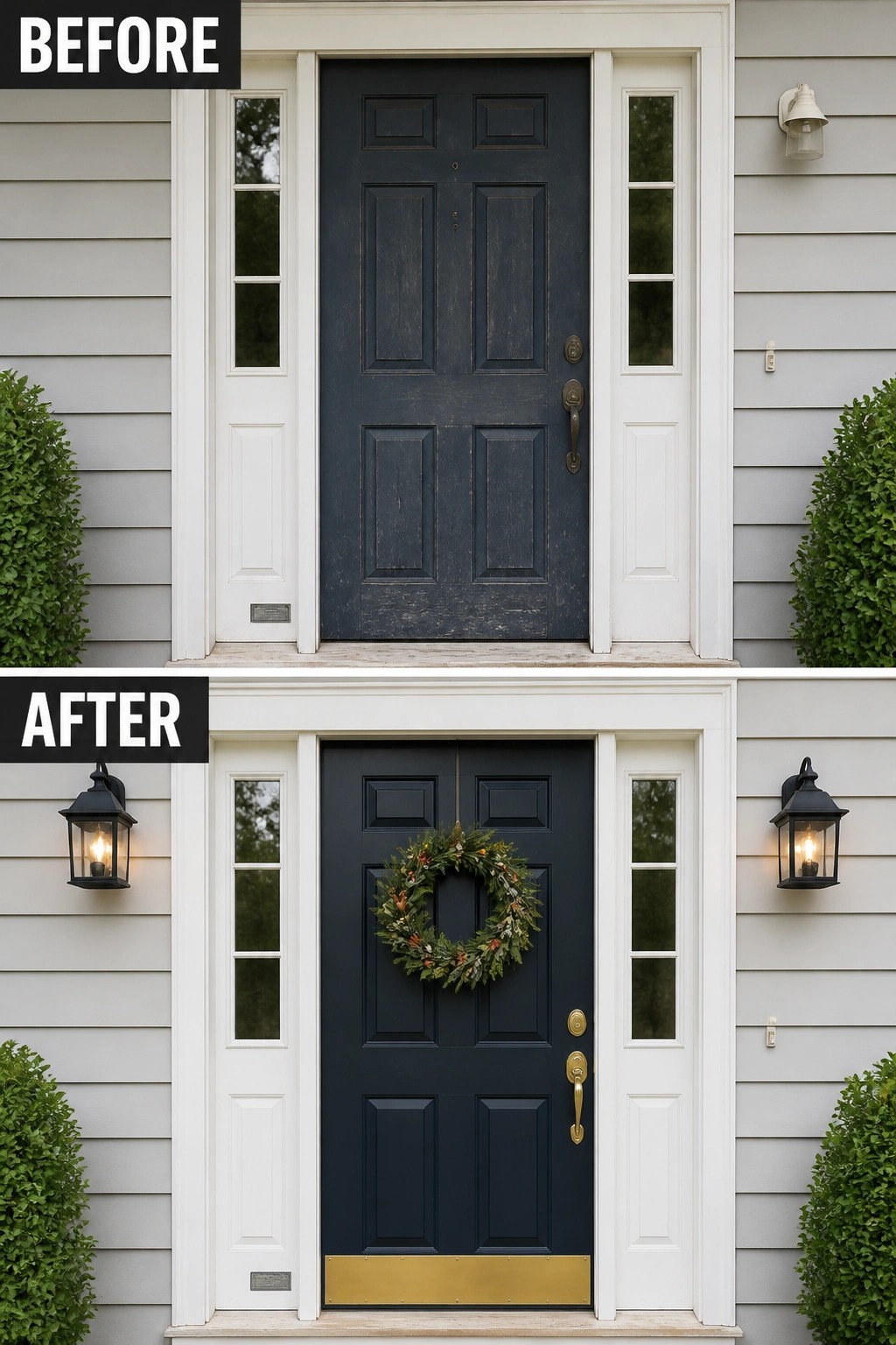 Before and after of navy door with wreath, lanterns, and gold kickplate added