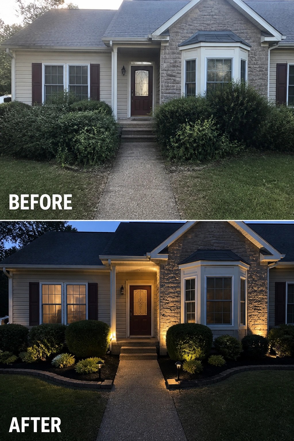 Before and after house exterior with new landscaping and uplighting at dusk
