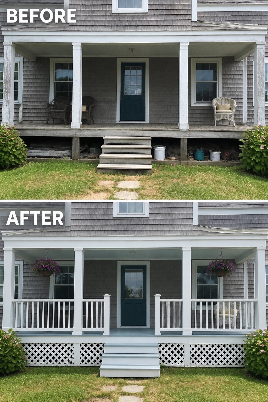 Before and after of gray house porch with new white railings and flowers.