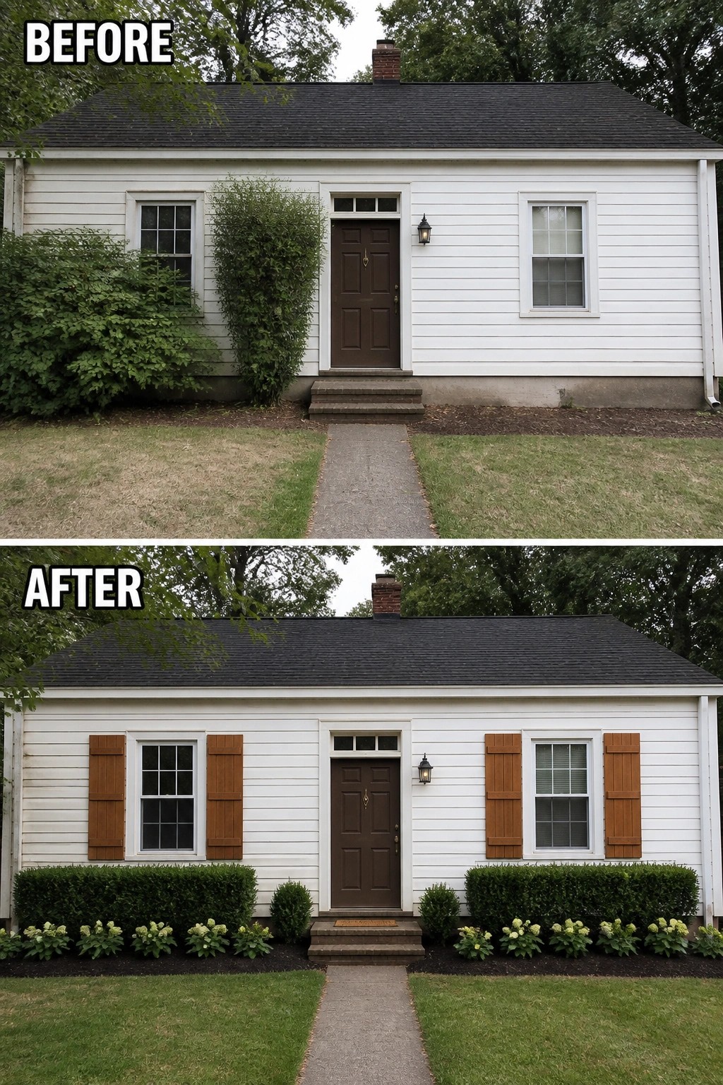 Before-and-after image of a white house exterior updated with brown shutters on the windows and structured landscaping along the front.