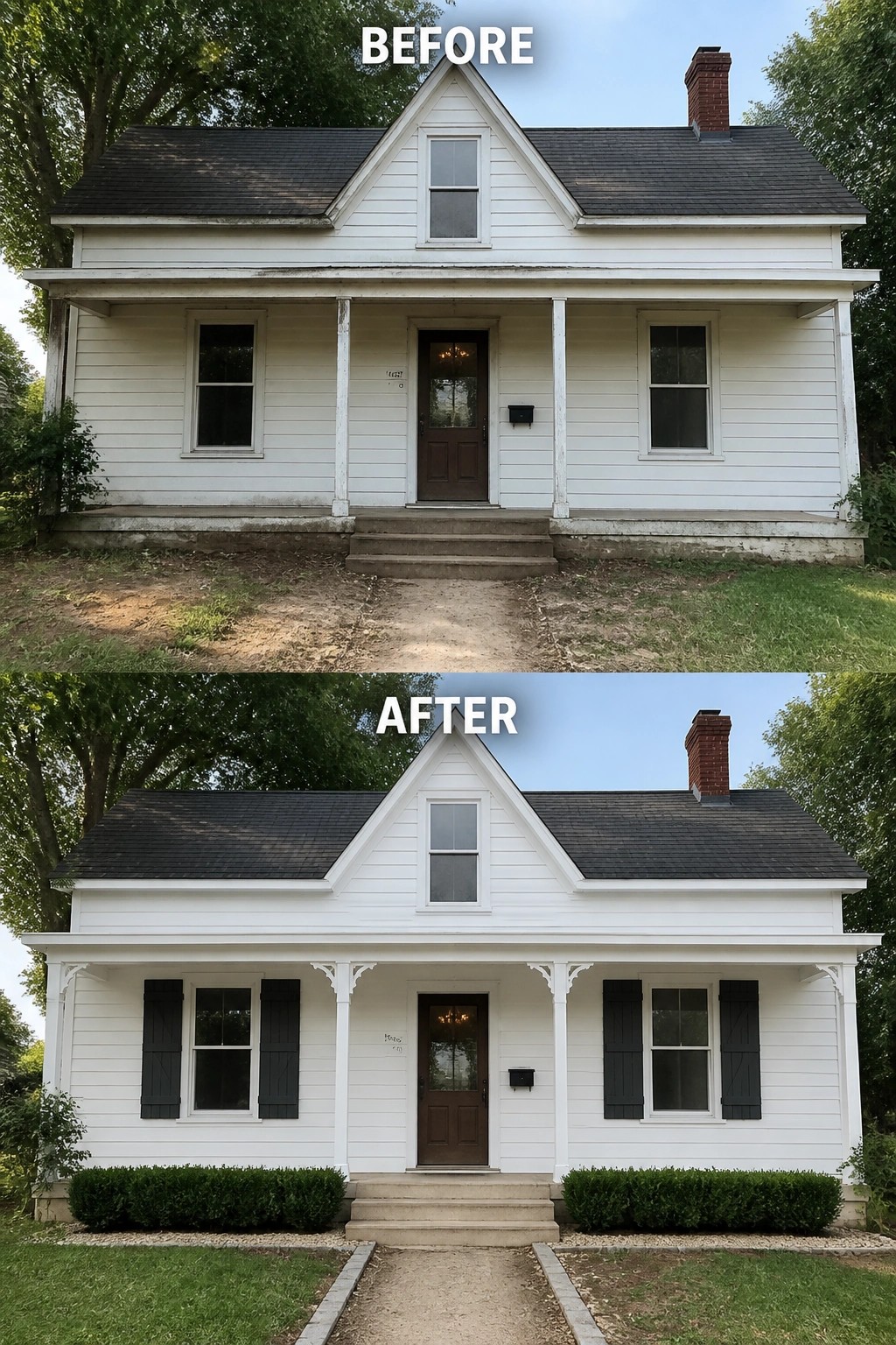 Before and after of white house with new black shutters and landscaping.