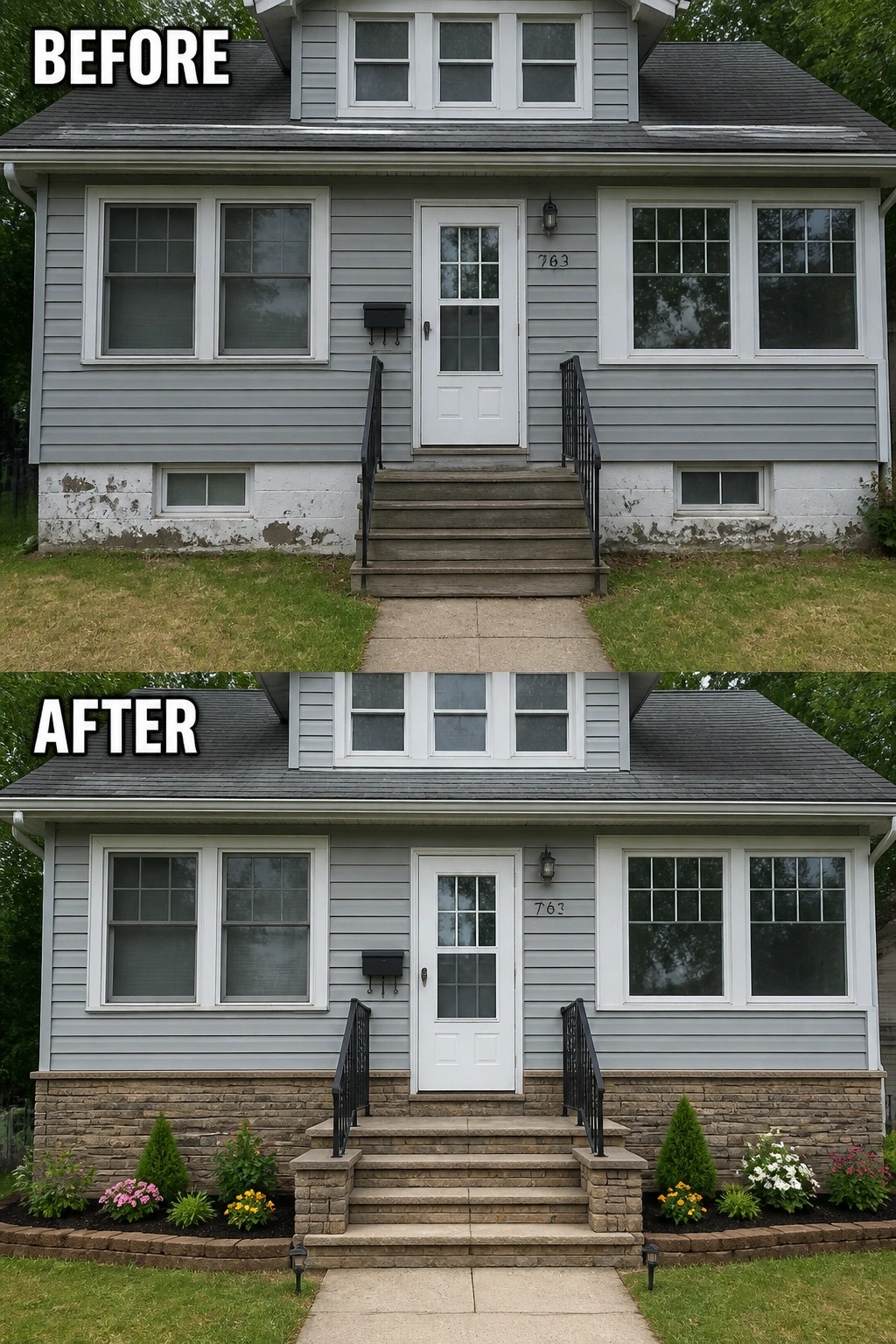 Before and after house exterior with stone foundation, stairs, and landscaping