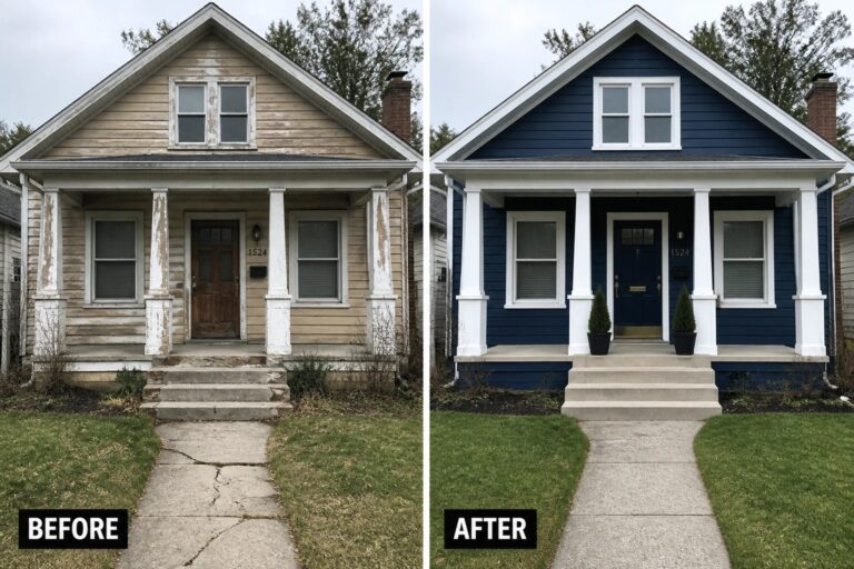 22 Classic Front Facade Renovation Ideas for Older Homes With Tired Details Before-and-after image of a beige house exterior updated with dark blue paint, white trim, and a new front door.