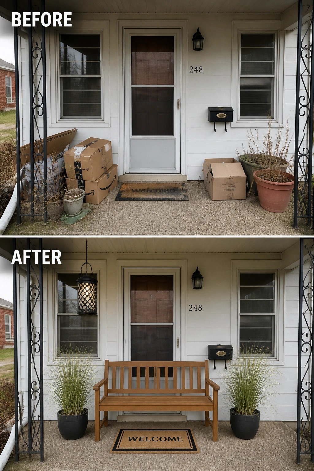 Before-and-after image of a cluttered front porch transformed into a clean entry with a wooden bench and two planters.