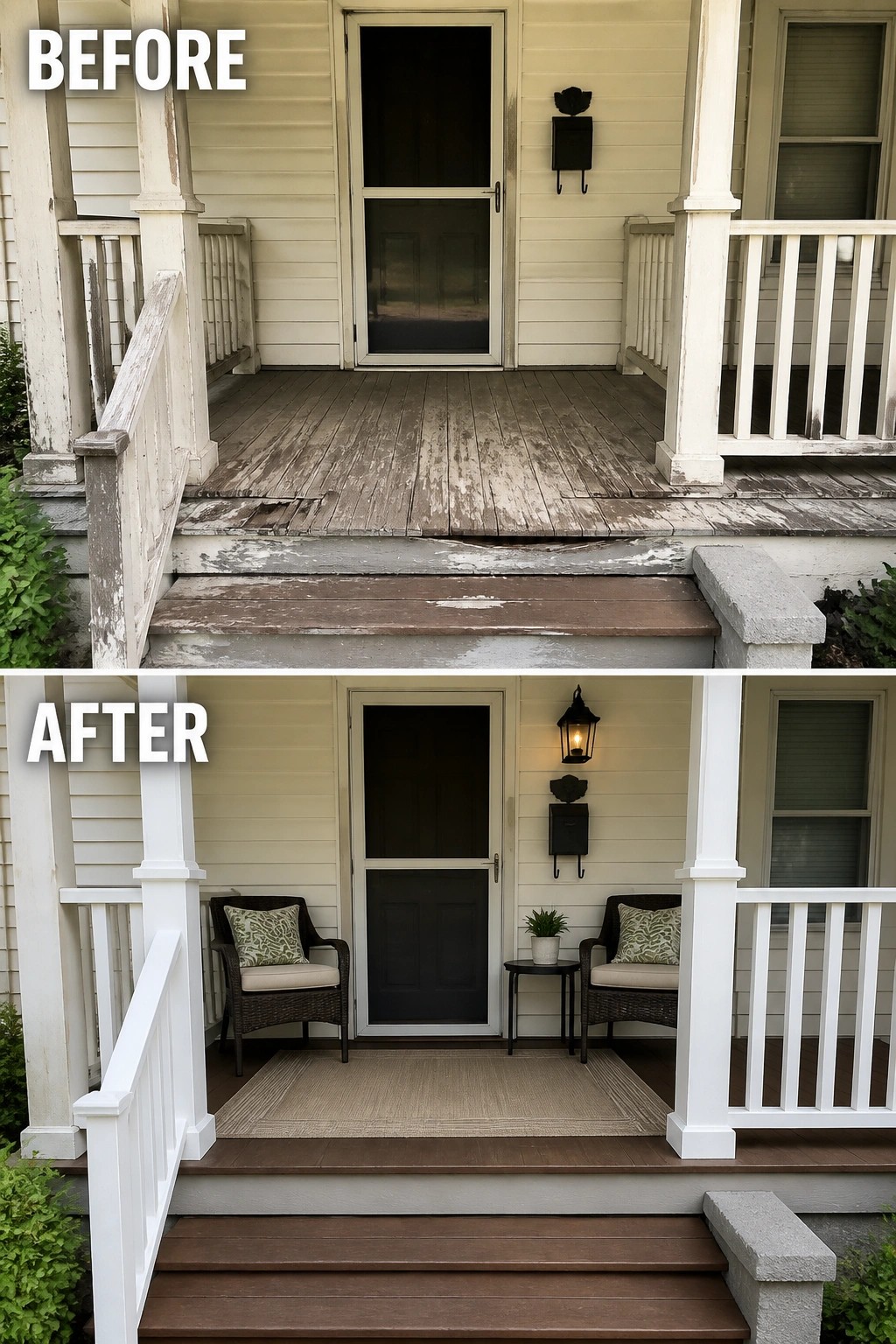 Before and after porch renovation with new deck, chairs, rug and lighting.