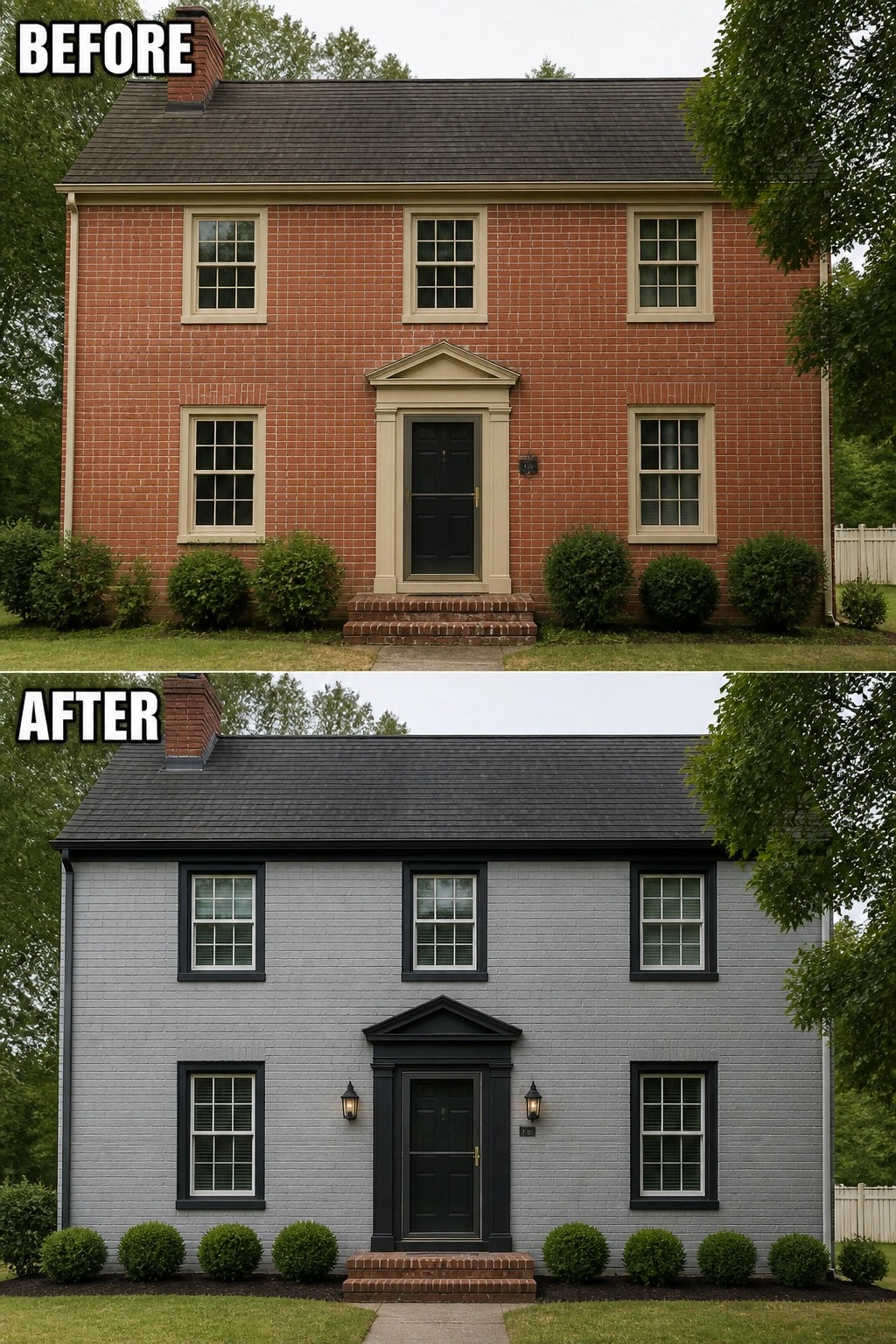 Before and after of red brick house repainted light gray with black trim