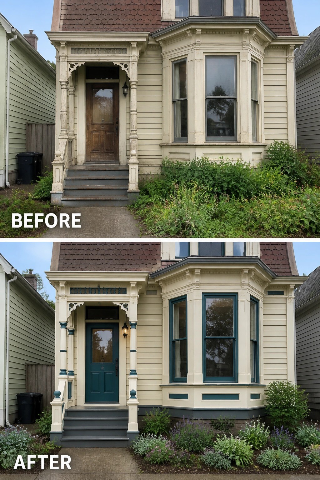 Before and after house exterior with teal door, trim, and new landscaping.