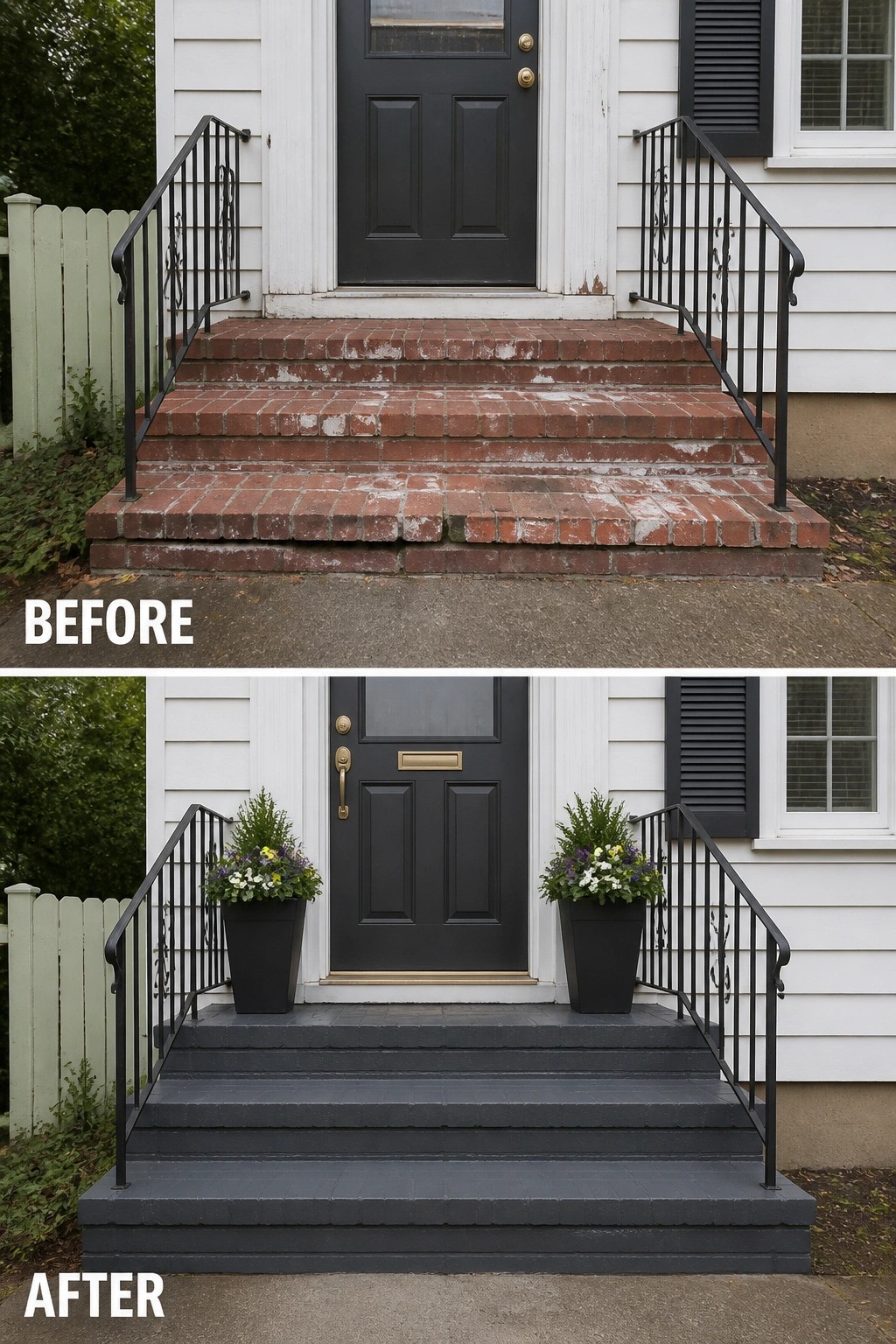 Before-and-after image of a front entry with faded brick steps updated to solid dark painted steps and two planters added beside the door.