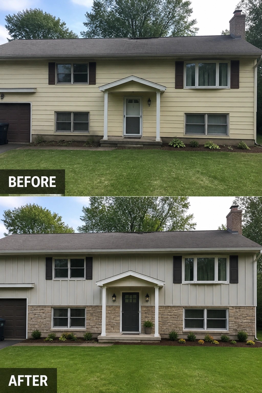 Before and after house exterior with new siding, stone accents, and black door.