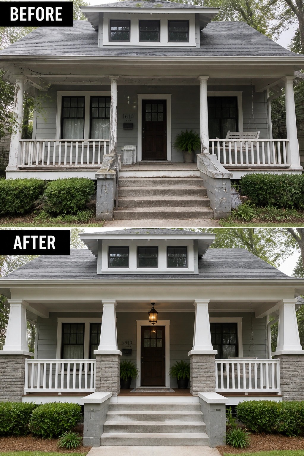 Before and after porch renovation on a gray house with white columns.