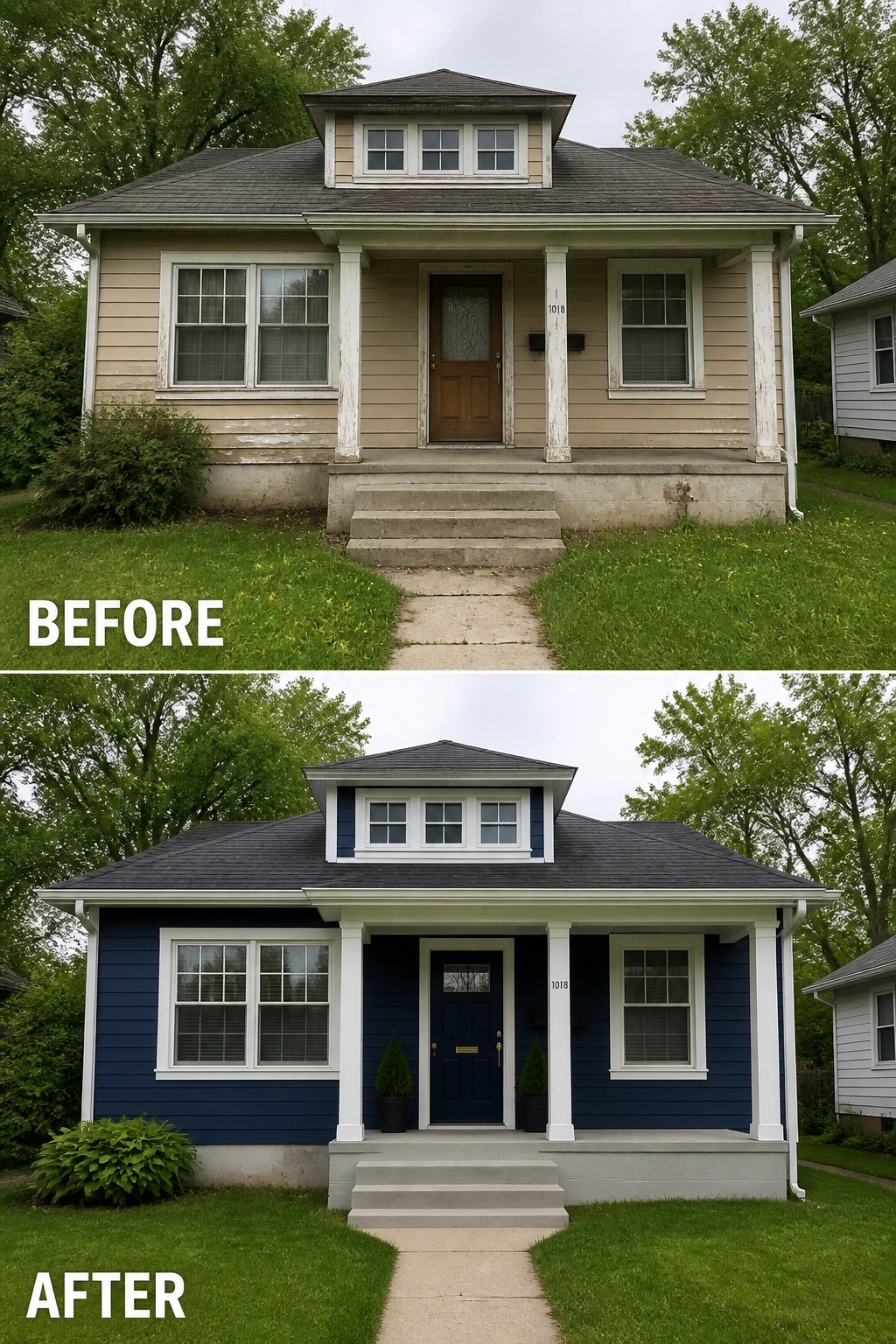 Before-and-after image of a beige house exterior updated with dark blue paint, white trim, and a new front door.