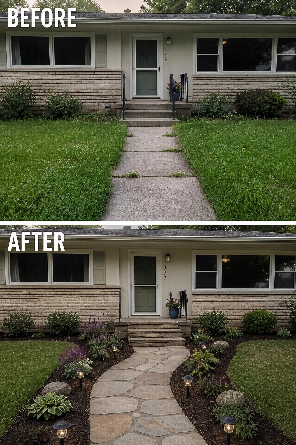Before-and-after image of a front yard where a straight concrete walkway through grass is replaced with a curved stone path and mulched garden beds along both sides.
