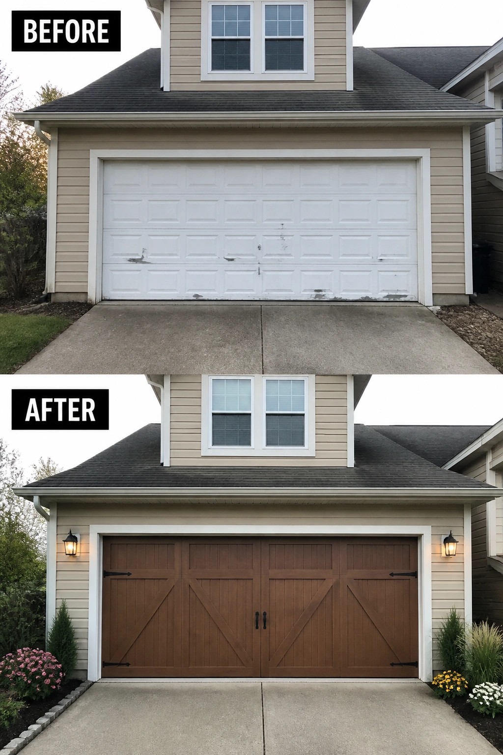 Before-and-after image of a house front with a plain white garage door replaced by a brown wooden carriage-style door and added wall sconces.
