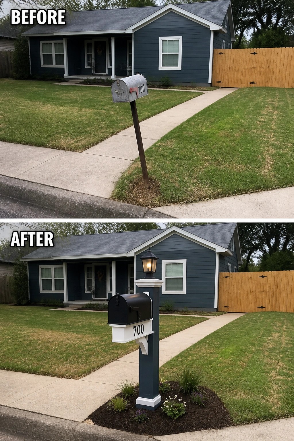 Before-and-after image of a front yard showing an old mailbox on a plain pole changed to a new post with a light fixture and planted garden bed.