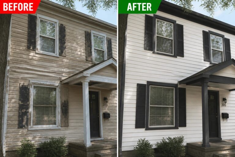 21 Practical Exterior Paint Refresh Ideas for Homes With Faded Siding Before-and-after image of a two-story house showing faded beige siding repainted white with black shutters added around the windows.