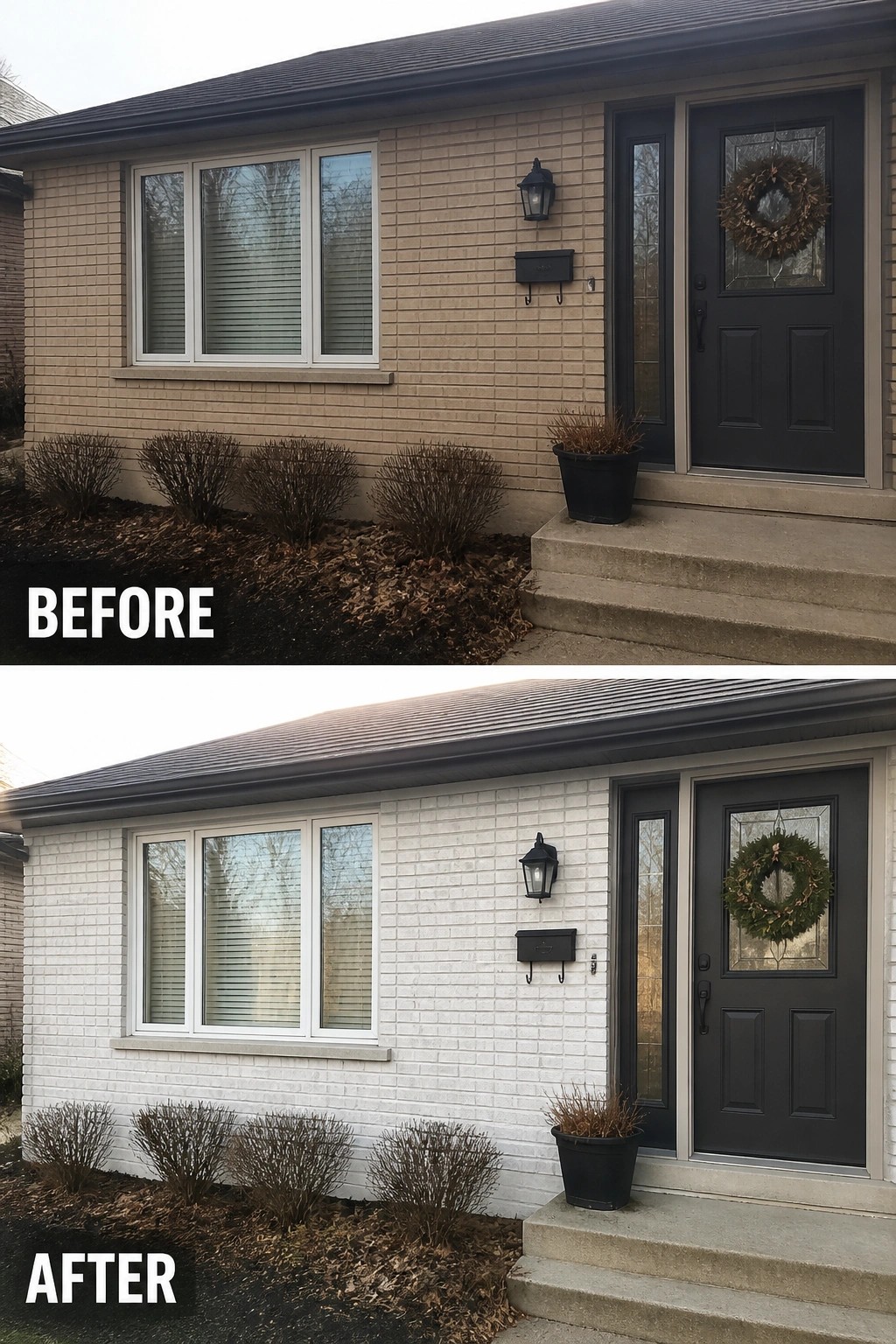 Before and after of beige brick house exterior painted white.