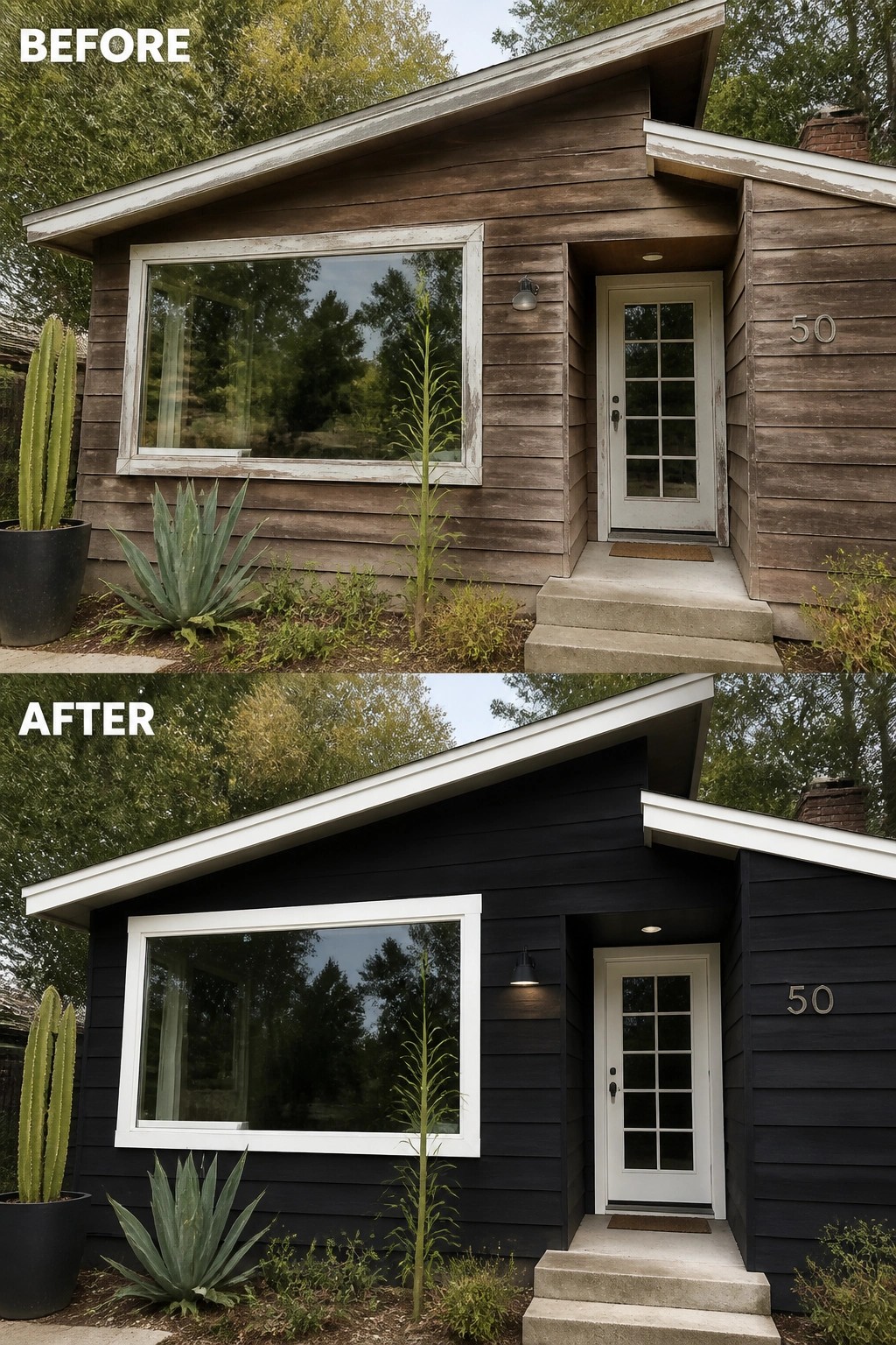 Before-and-after image of a house exterior showing faded brown siding repainted in solid black with refreshed white trim around the window and roofline.