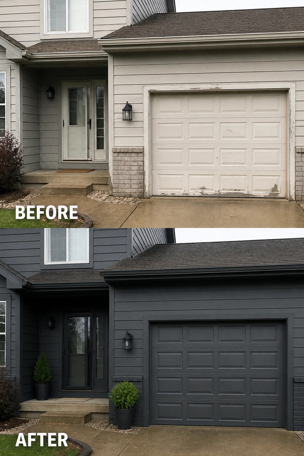 Before-and-after image of a house with faded light siding and garage door repainted in dark gray.