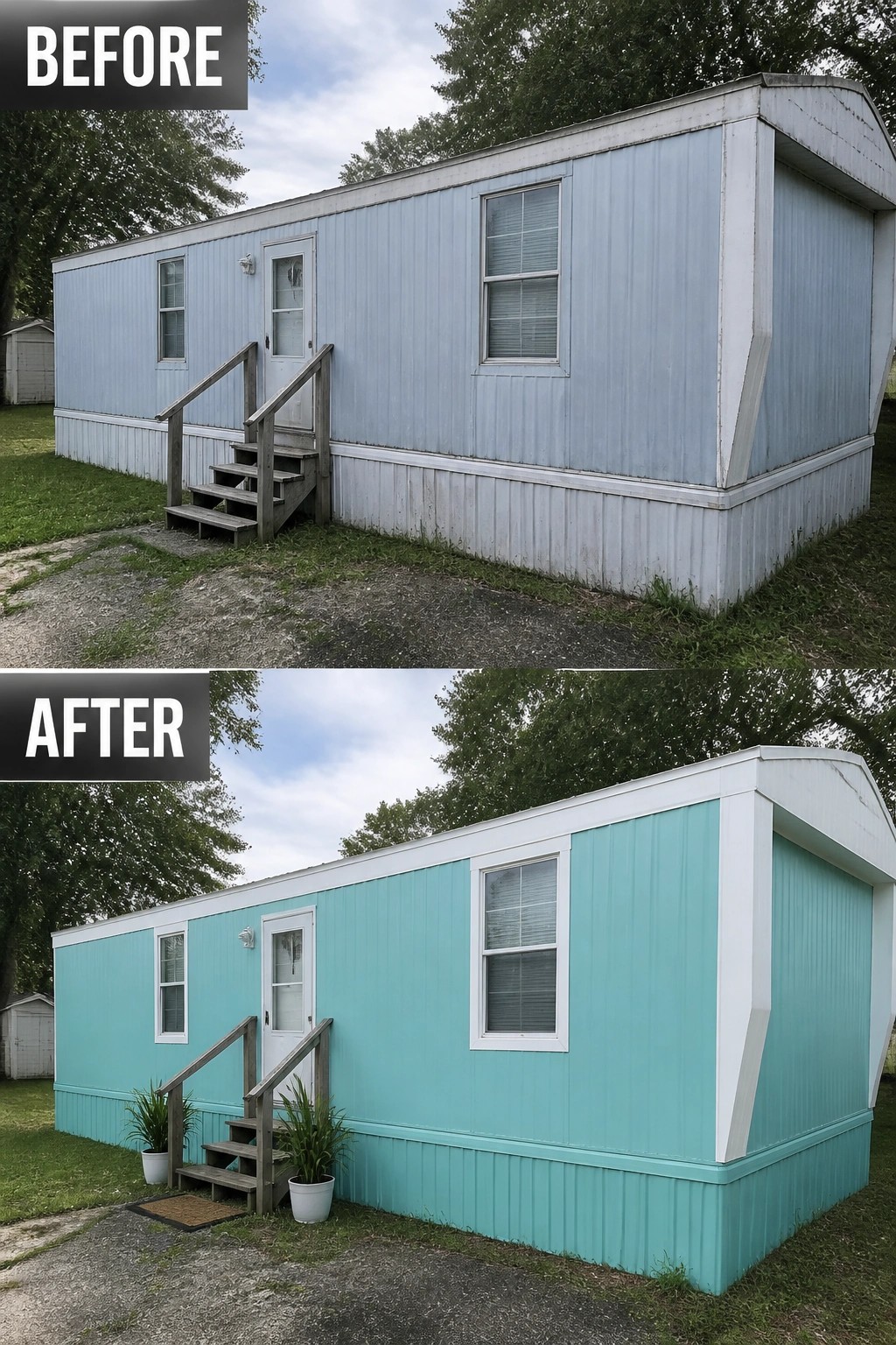 Before-and-after image of a mobile home with faded siding repainted in a bright teal color.