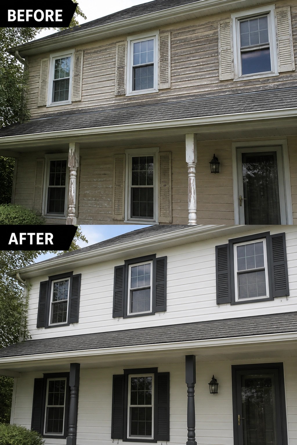 Before-and-after image of a two-story house showing faded beige siding repainted white with black shutters added around the windows.