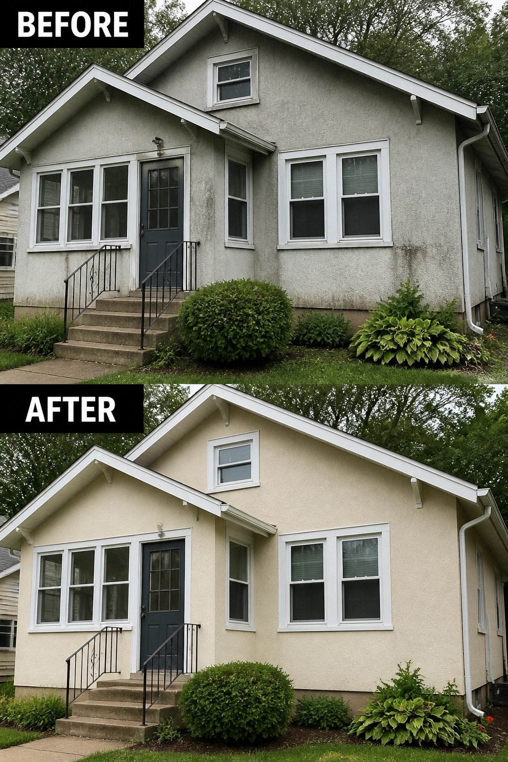 Before and after of house exterior repainted from gray to beige with dark door.