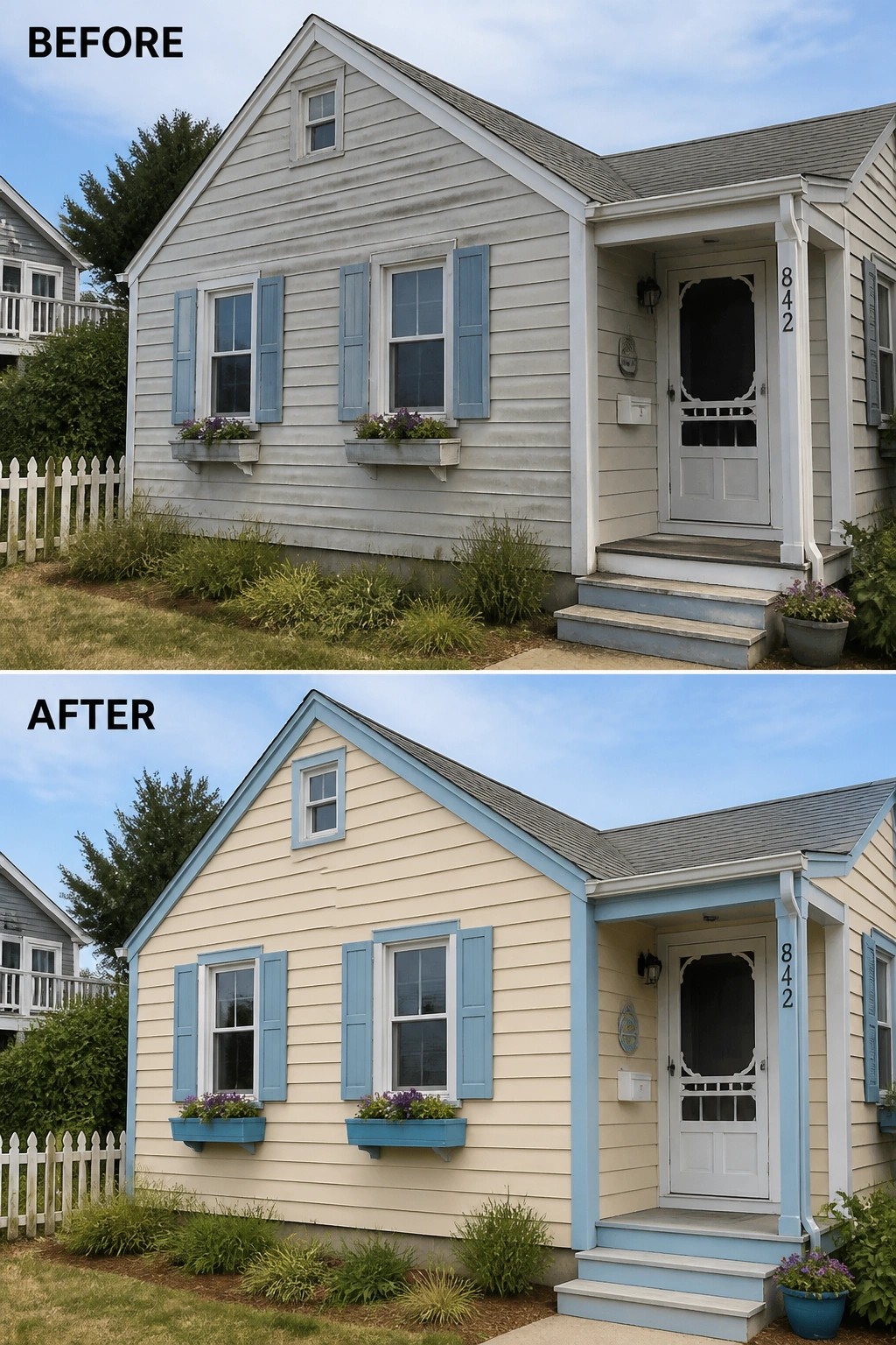 Before-and-after image of a house exterior showing faded gray siding repainted in a warmer cream tone with updated blue trim and shutters.