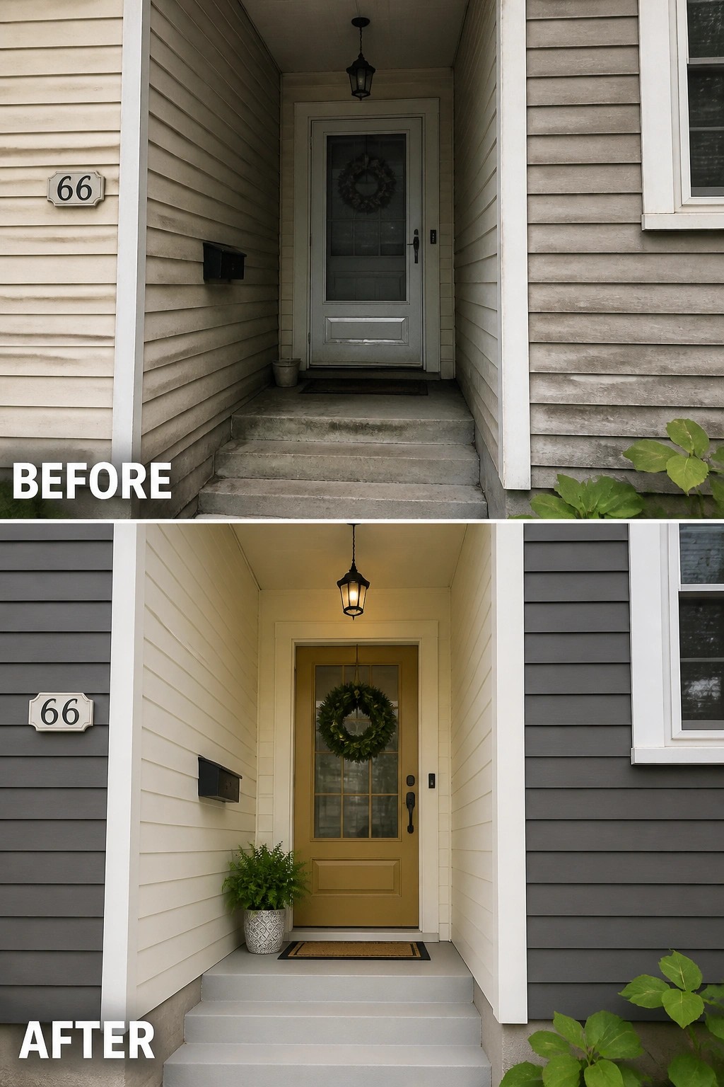 Before-and-after image of a house entry showing faded light siding repainted in a darker gray with the front door changed to a warm gold color.