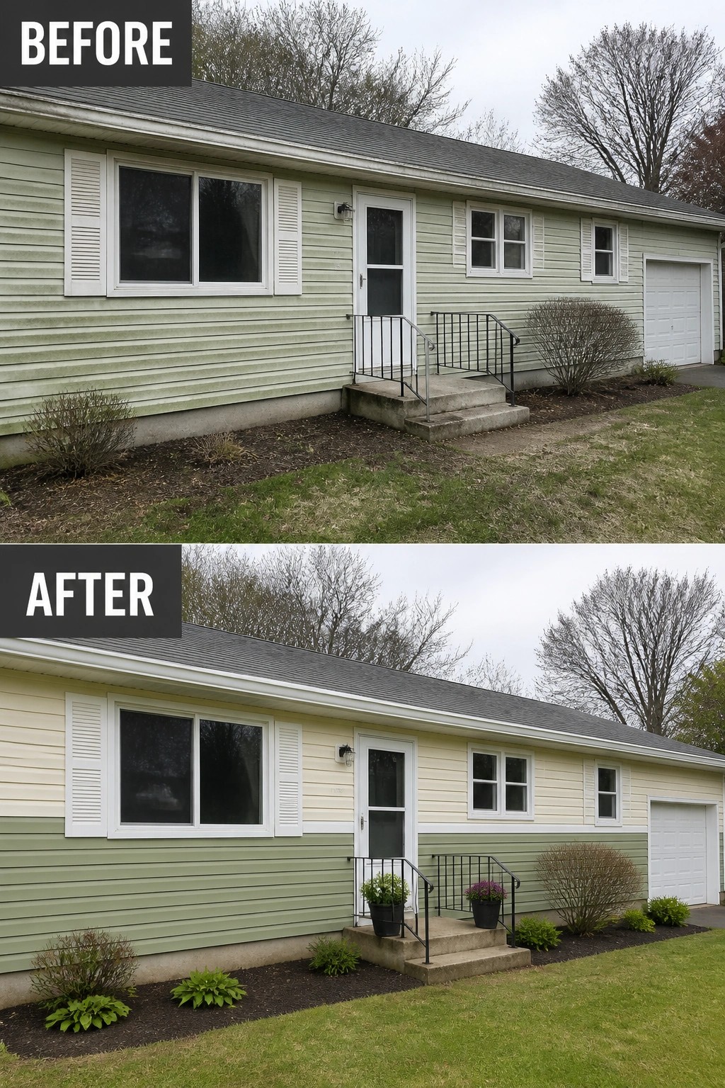 Before-and-after image of a house with faded light green siding refreshed using a two-tone paint scheme with a lighter upper section and green lower band.