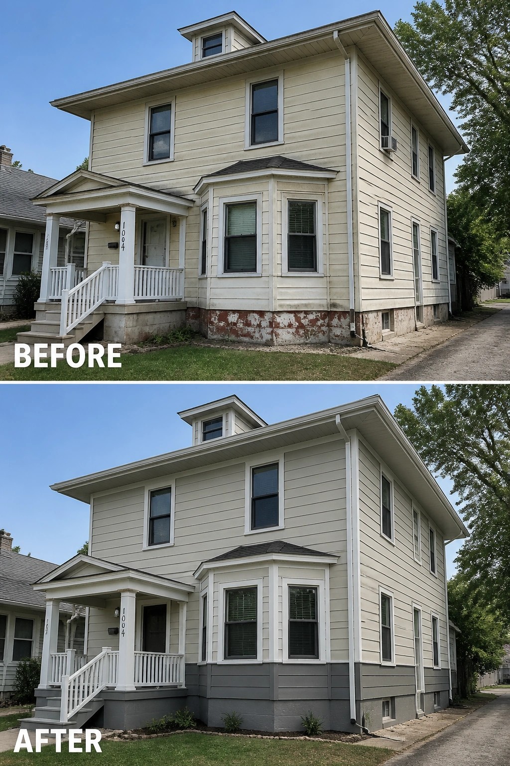 Before-and-after image of a house with faded beige siding and peeling lower walls updated by painting the bottom section gray.