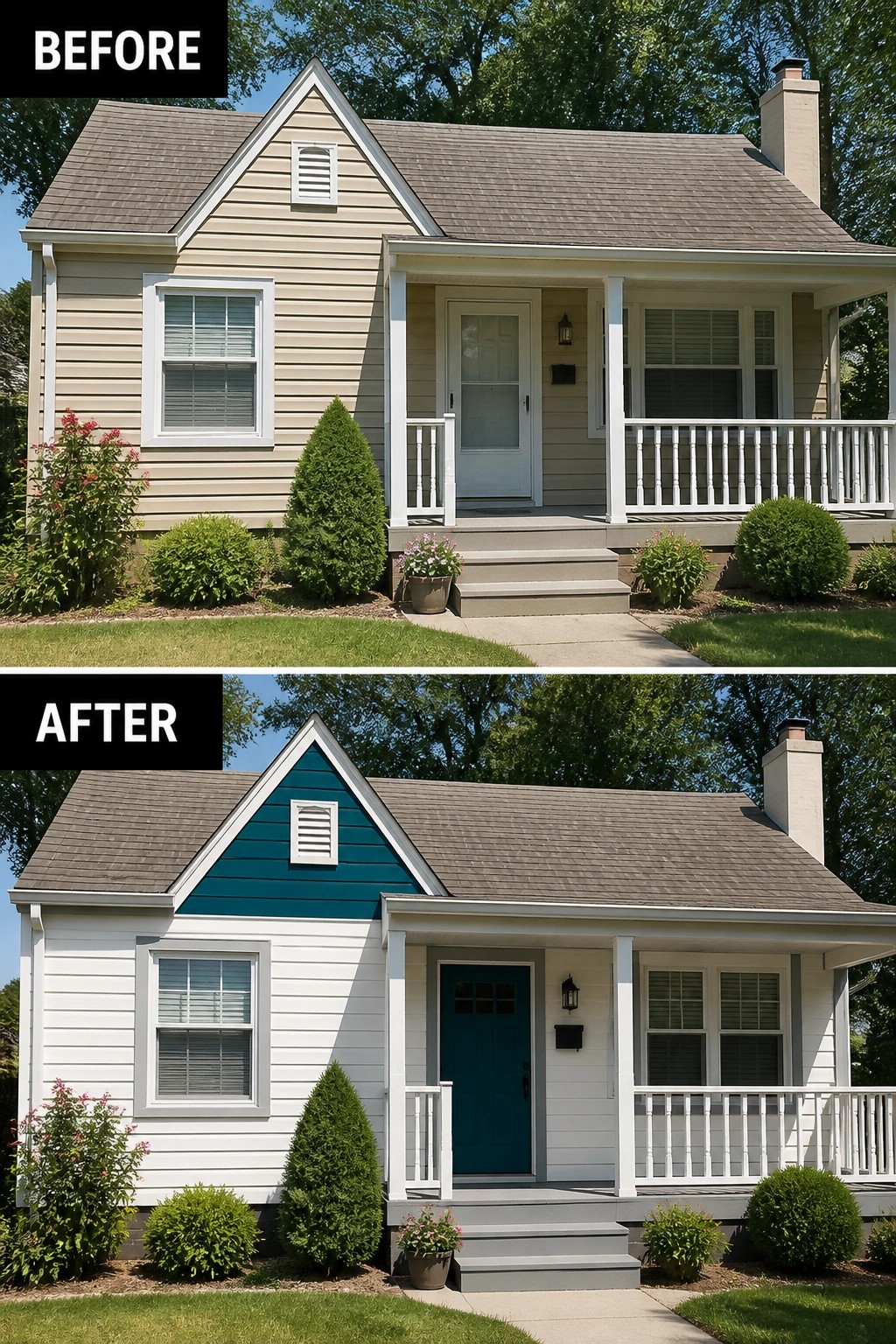 Before and after views of a house exterior repainted from beige to white and teal.