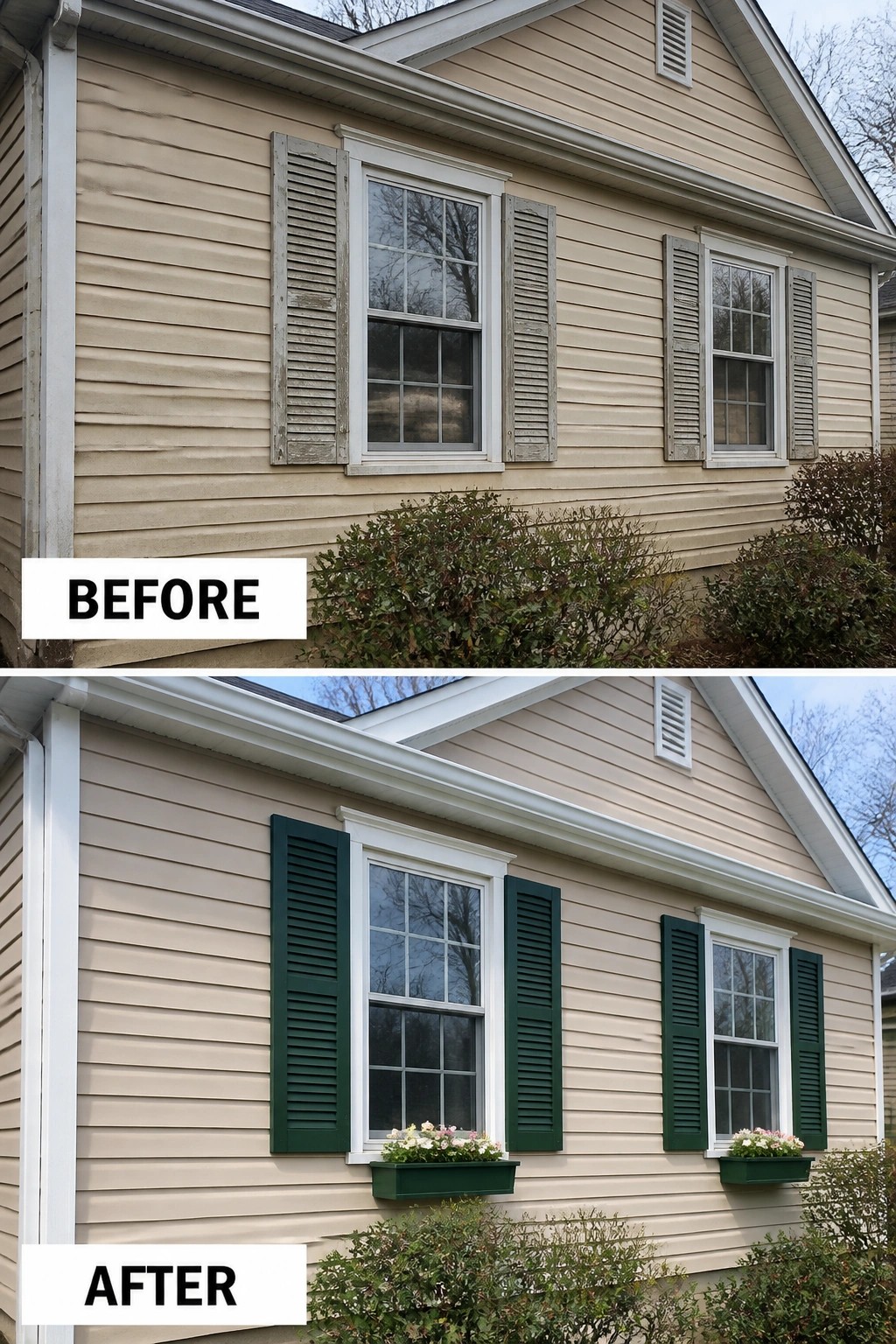 Before-and-after house view with shutters painted dark green and flower boxes added.