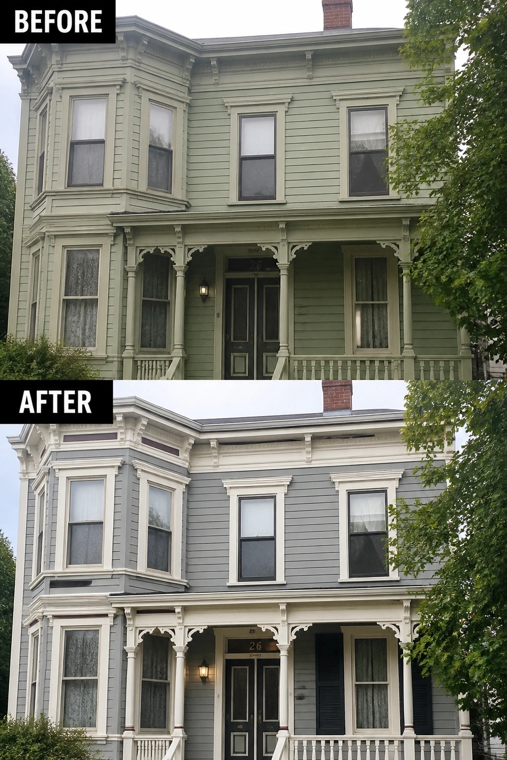 Before-and-after image of a house exterior showing faded green siding repainted gray with white trim and black shutters added.