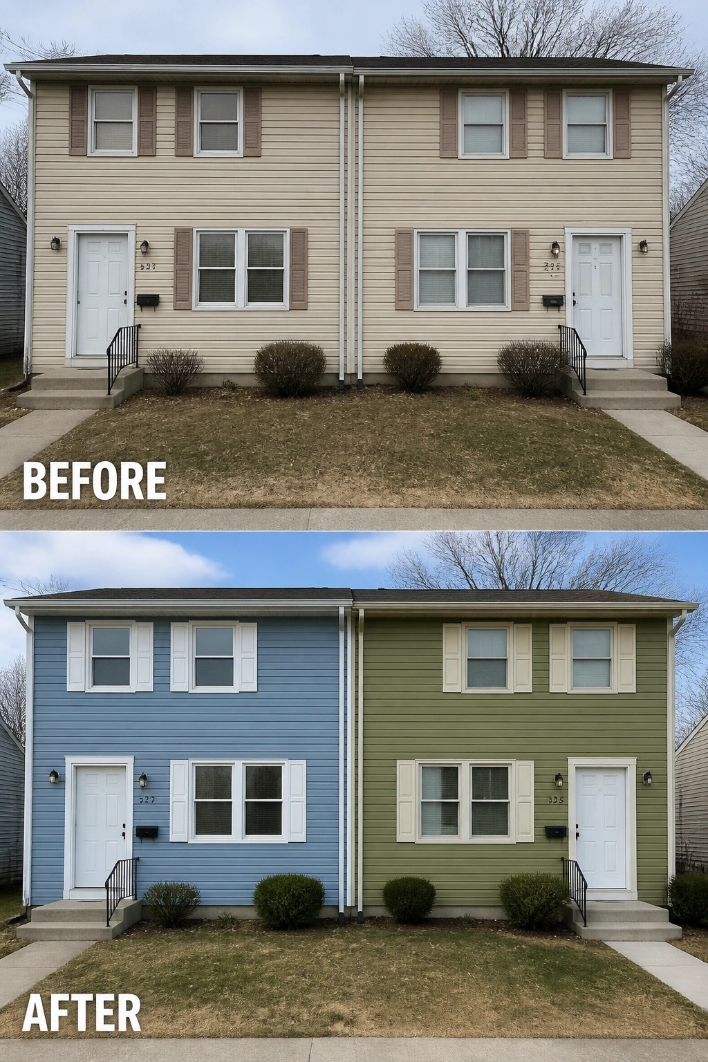 Before and after of duplex repainted blue on left, green on right.