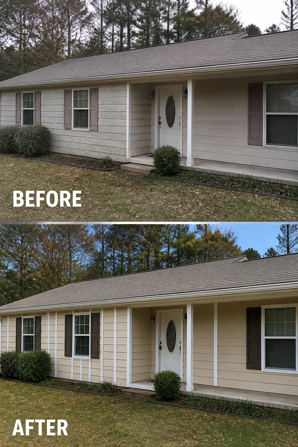 Before and after of single-story house with gray then beige siding.