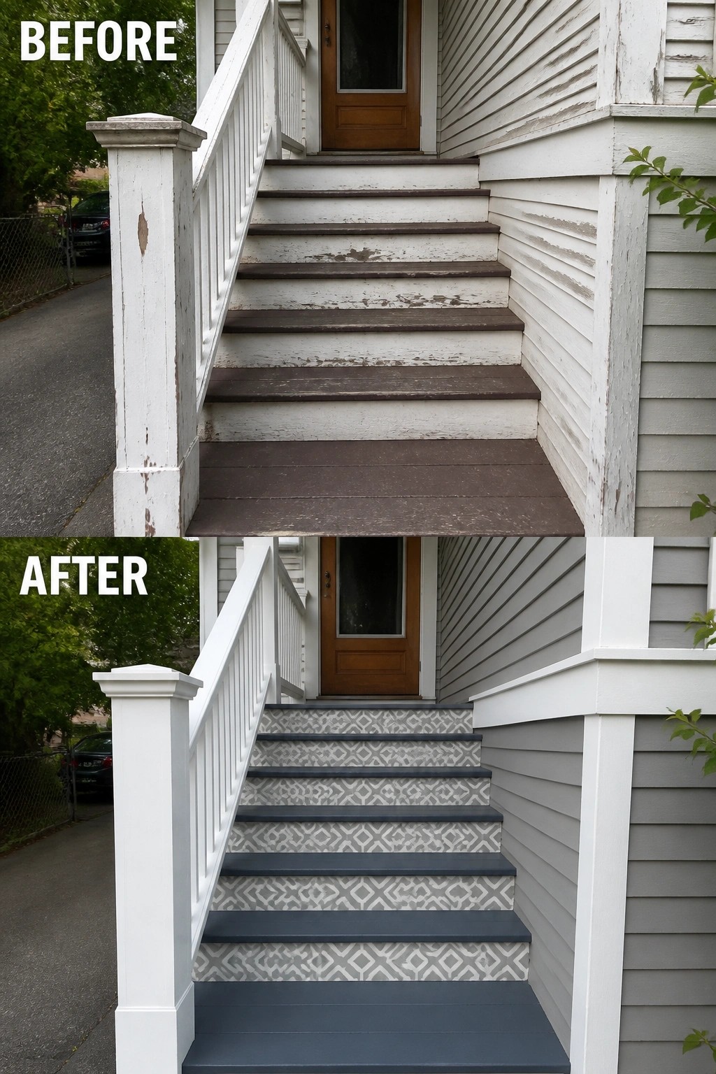 Before-and-after image of faded exterior stairs refreshed with new paint on the treads, risers, railings, and siding.